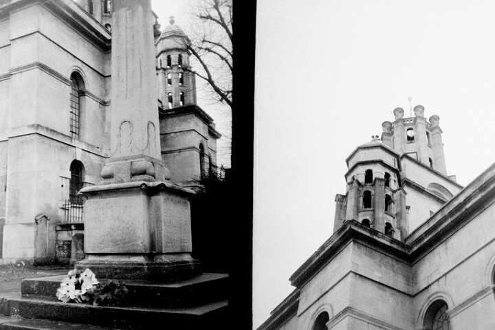A split frame of a war memorial and a church.