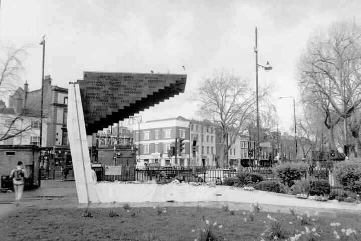 An architectural memorial in a park.