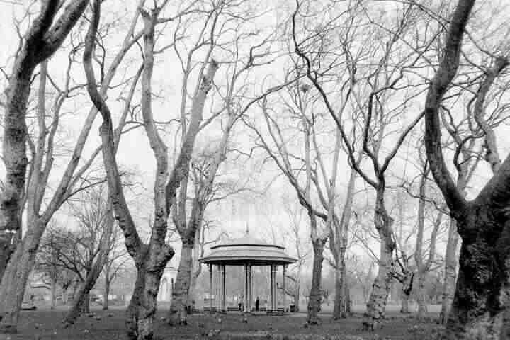 Wide shot of a bandstand.