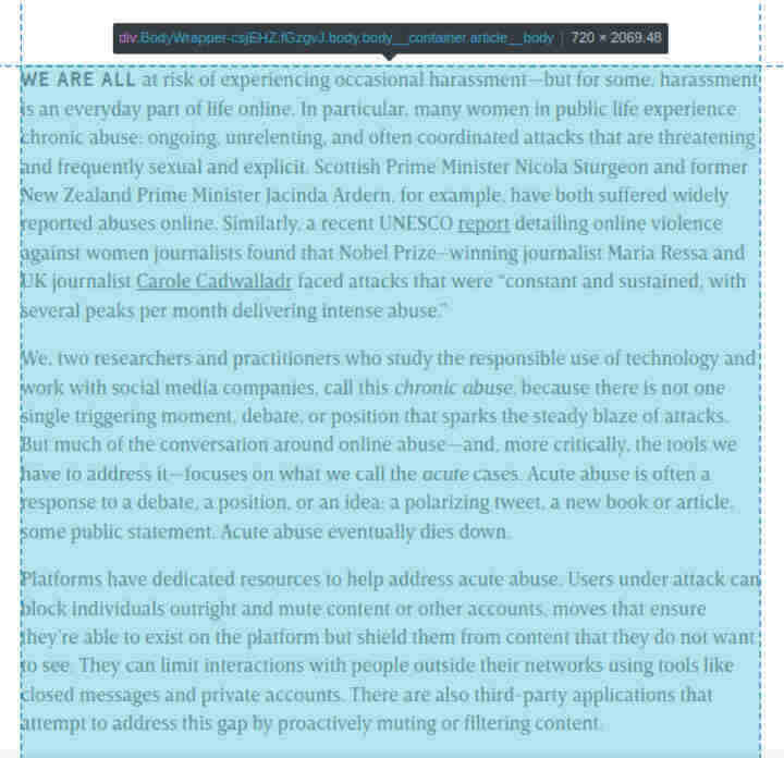 The Wired website with the text of the same article highlighted and an overlay showing which CSS classes contain the text content.