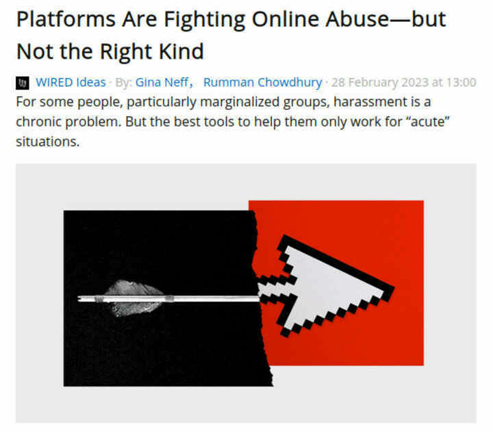 A Wired article entitled 'Platforms Are Fighting Online Abuse—but Not the Right Kind', open in FreshRSS. Only a short excerpt is shown, rather than the whole article.
