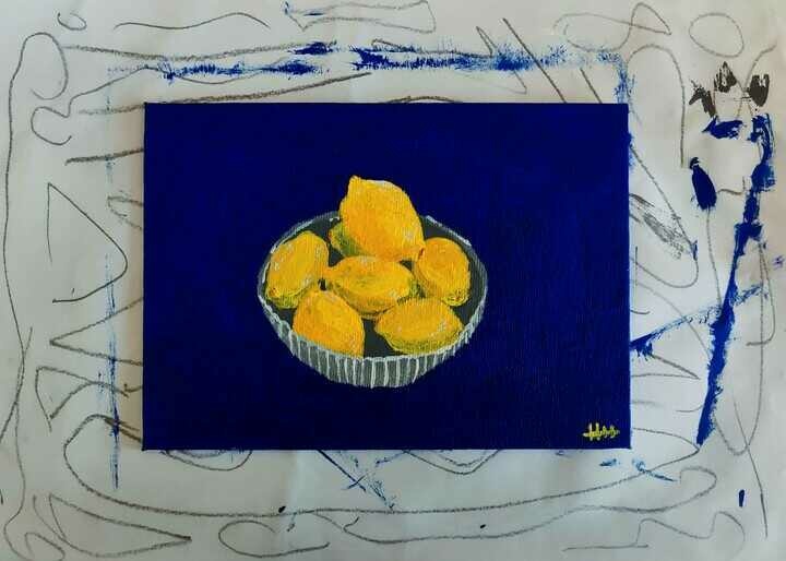 An acrylic painting of a bowl of lemons